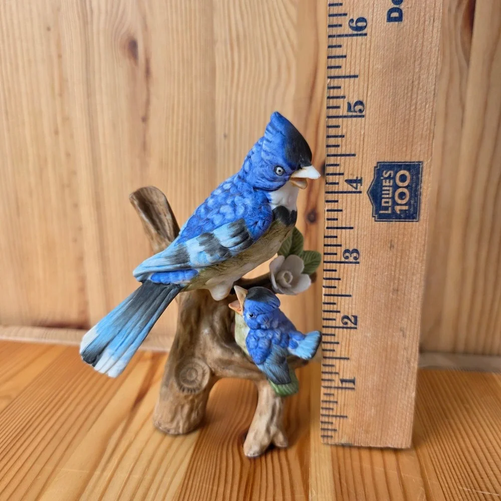 Vintage Porcelain Blue Jay and Fledgling Bird Figurine on Branch with Flower